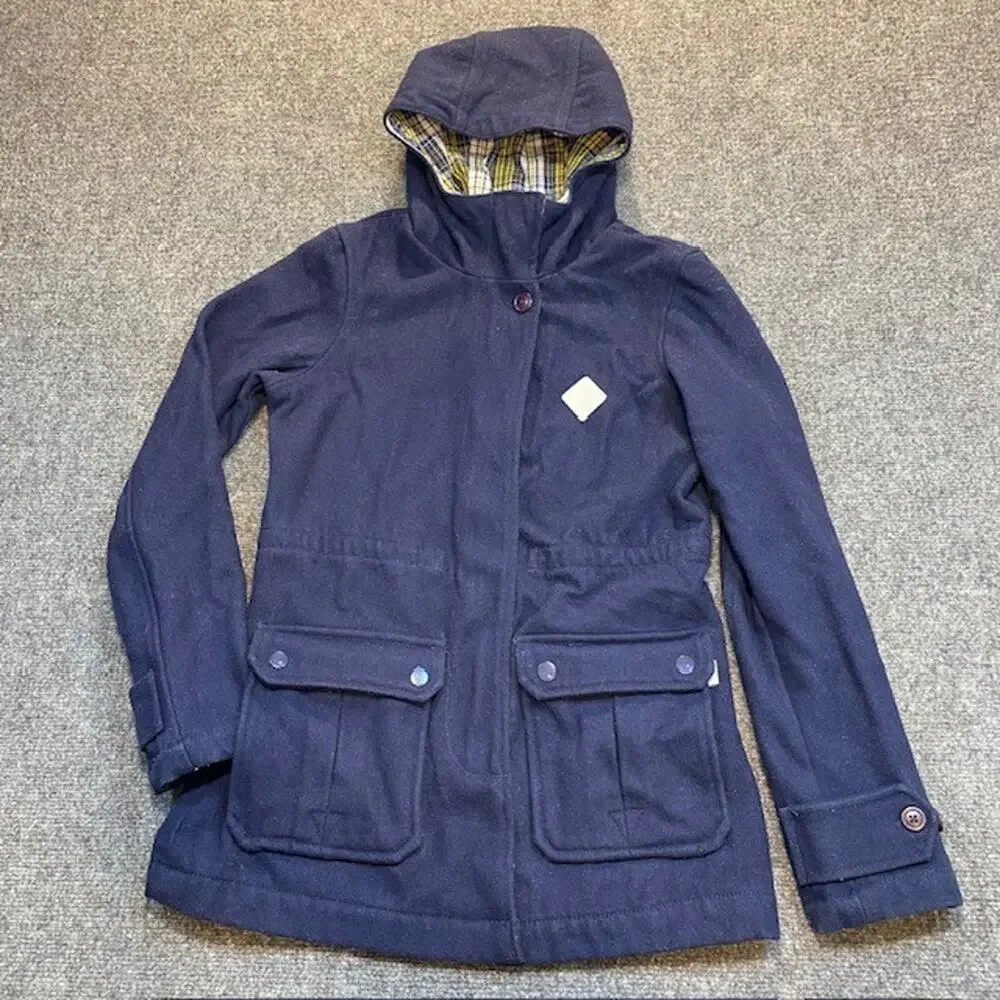 Burton Kindling Wool Blend Hooded Jacket Coat Navy Blue Womens XS Plaid Lined